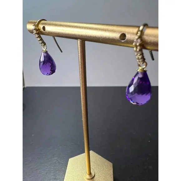 14k gold amethyst briolette and diamond dangle earrings